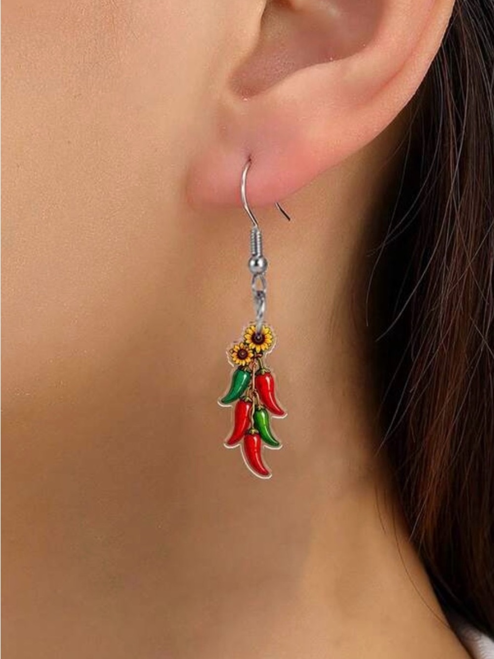 Red & Green Chili Pepper Sunflower Dangle Earrings - Women Jewelry - Picture 4 of 4